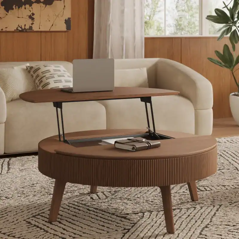 Vintage houten salontafel met uitschuifbaar tafelblad en opbergruimte, modern en multifunctioneel design, perfect voor woonkamer inrichting.