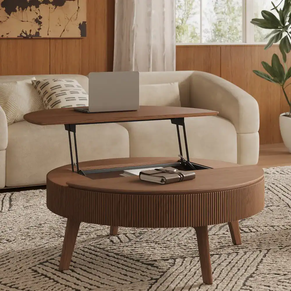 Vintage houten salontafel met uitschuifbaar tafelblad en opbergruimte, modern en multifunctioneel design, perfect voor woonkamer inrichting.