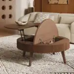 Rustieke houten salontafel met opklapbaar tafelblad, ideaal voor multifunctioneel gebruik in woonkamer. Gemaakt van hoge kwaliteit lichtbruin hout, geschikt voor modern en scandinavisch interieur.