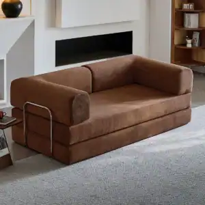 Bankenbank in bruin velvet met moderne armleuningen, perfect voor een stijlvolle woonkamer inrichting.