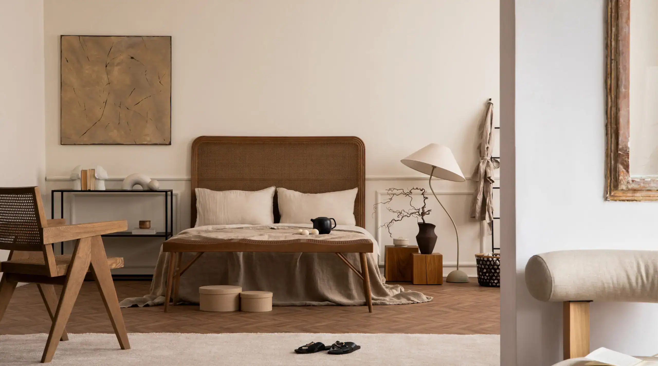 Minimalistisch slaapkamer interieur met natuurlijke houten meubels en zachte neutrale kleuren, ideaal voor ontspanning en rust.