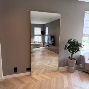 Spiegel in moderne woonkamer met houten vloer en decoratief groen plant, elegante interieurstijl en natuurlijke lichtinval, perfect voor woningstyling en interieurdesign.