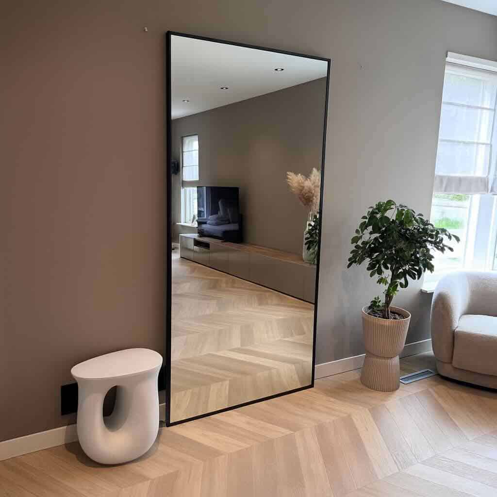 1. Moderne, strakke interieurspiegel met zwart frame in woonkamer, stijlvolle decoratie met planten, tv-meubel en fauteuil voor een gezellige sfeer.
