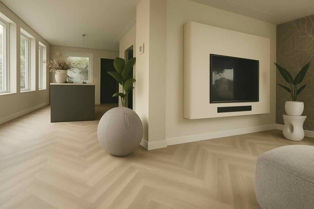 Haardmeubel met televisie en interieur met planten in een modern en strak woonkamerinterieur.