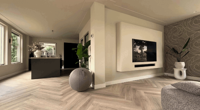 Modern woonkamer met strakke design, houten vloer en stijlvolle decoratie, ideaal voor een comfortabel huisinterieur.