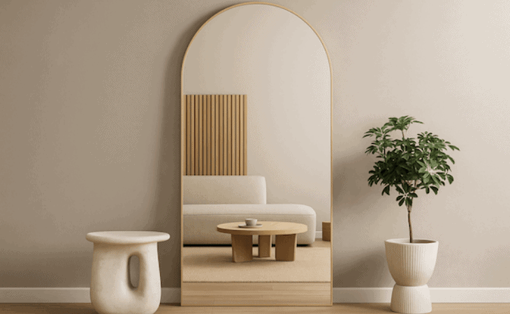Minimalistisch interieur met grote spiegel, beige fauteuil en groene plant voor een rustige woonruimte.
