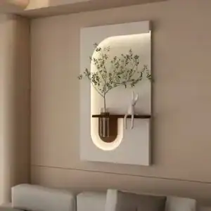 Moderne Skylar wanddecoratie met planten en kat, perfect voor een stijlvolle woonkamer. Minimalistisch design met natuurlijke elementen en zachte verlichting voor een rustgevende sfeer.